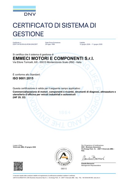 Certificato del sistema di gestione per la qualità UNI EN ISO 9001 EMMECI